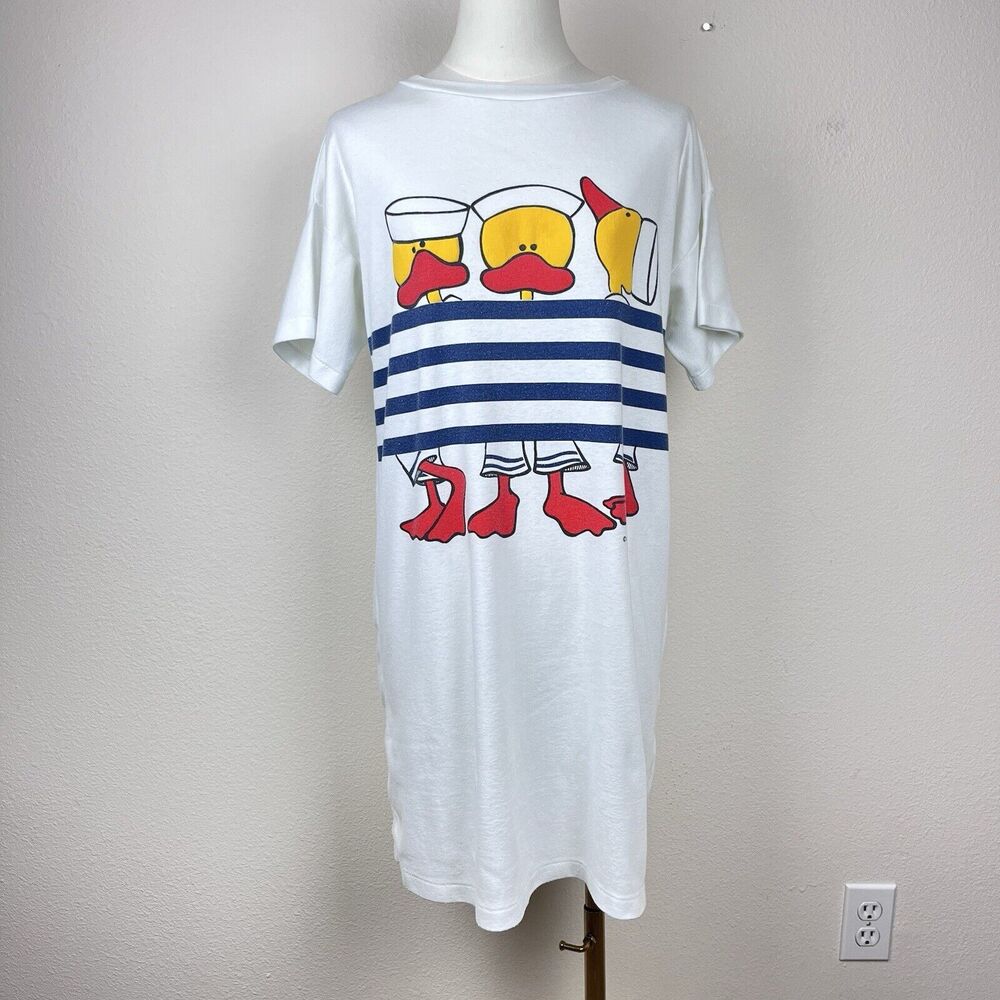 Vintage BJ Frog Sleep Shirt Womens Medium 80s Ducks Sailor Nautical Stripe Retro - Picture 10 of 11